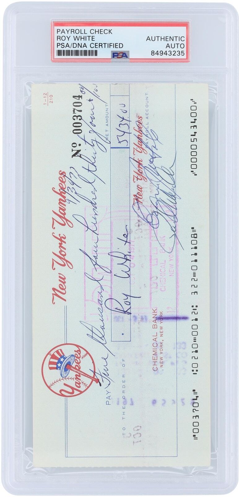 Roy White New York Yankees Signed Check from September 30, 1977 - PSA 84943235
