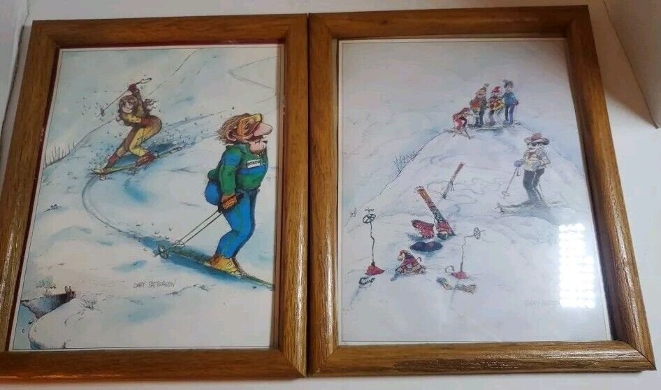 Set of 2 Vintage Framed Gary Patterson 11x9 Color Ski Cartoon Prints (C-2)