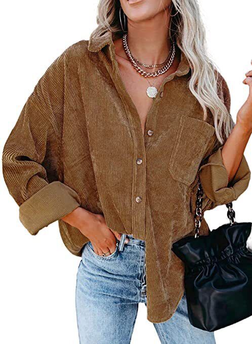 Women's Jacket New Corduroy Button Cardigan Long Sleeves Lapel Loose Shirt Solid