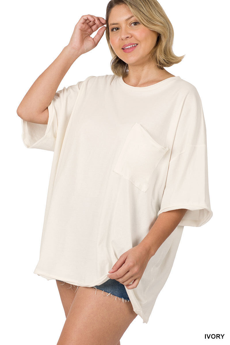 1X 2X 3X Round Neck Raw Edge Oversized Cotton T Shirt Short Sleeve  Front Pocket
