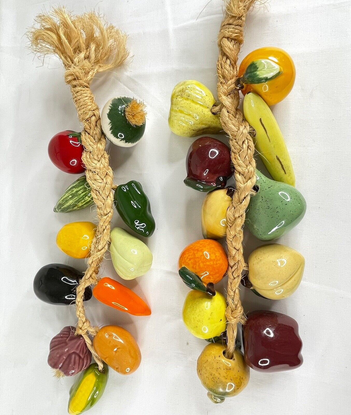 Fruit Vegetables on a Rope Set Of 2 Ceramic Hanging Decor Kitchen Vintage 14”