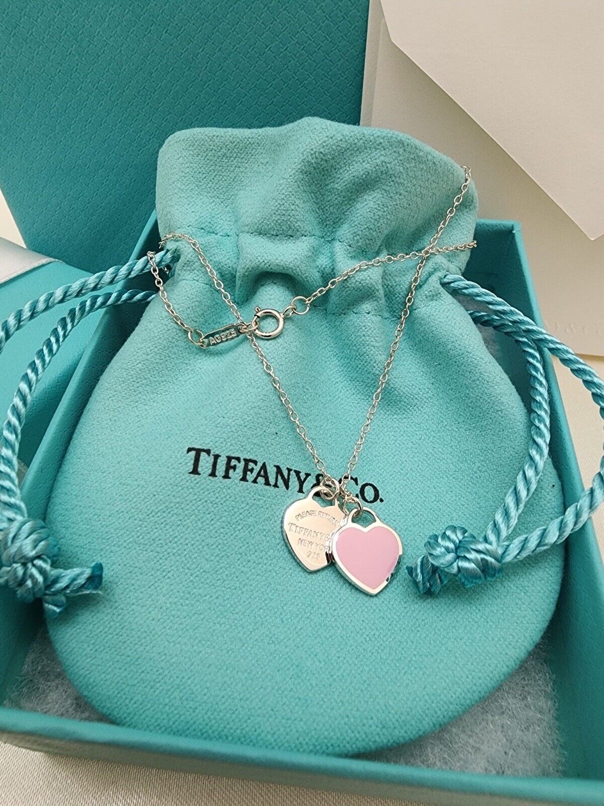 Tiffany & Co. Mini Double Heart Pink Enamel Sterling Silver Necklace Pendant
