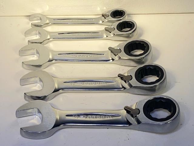 NEW Facom 5pc STUBBY Anti Slip Combination Ratcheting Wrench Set 9,11,14,15,16mm