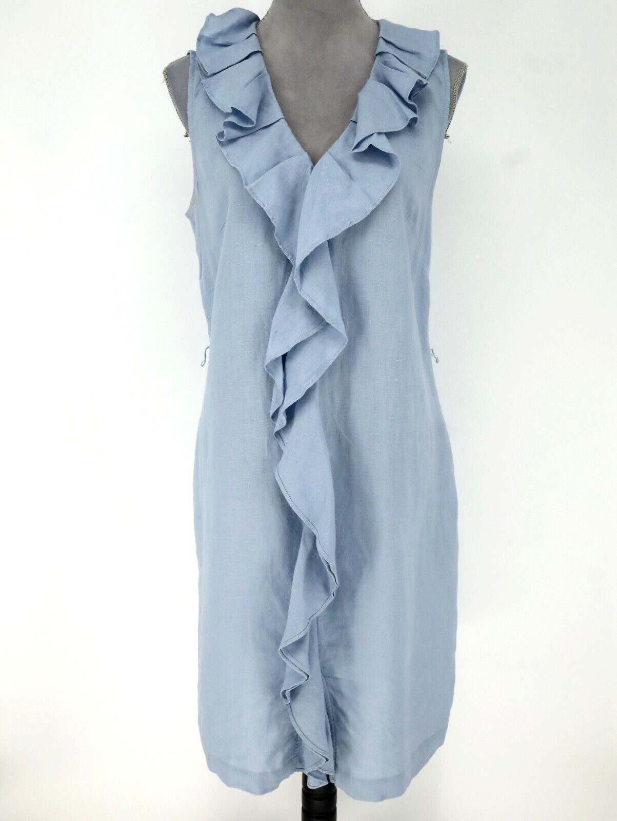 Talbots Blue Linen Dress Size 12 Womens Ruffle Front Pockets Pullover Sleeveless