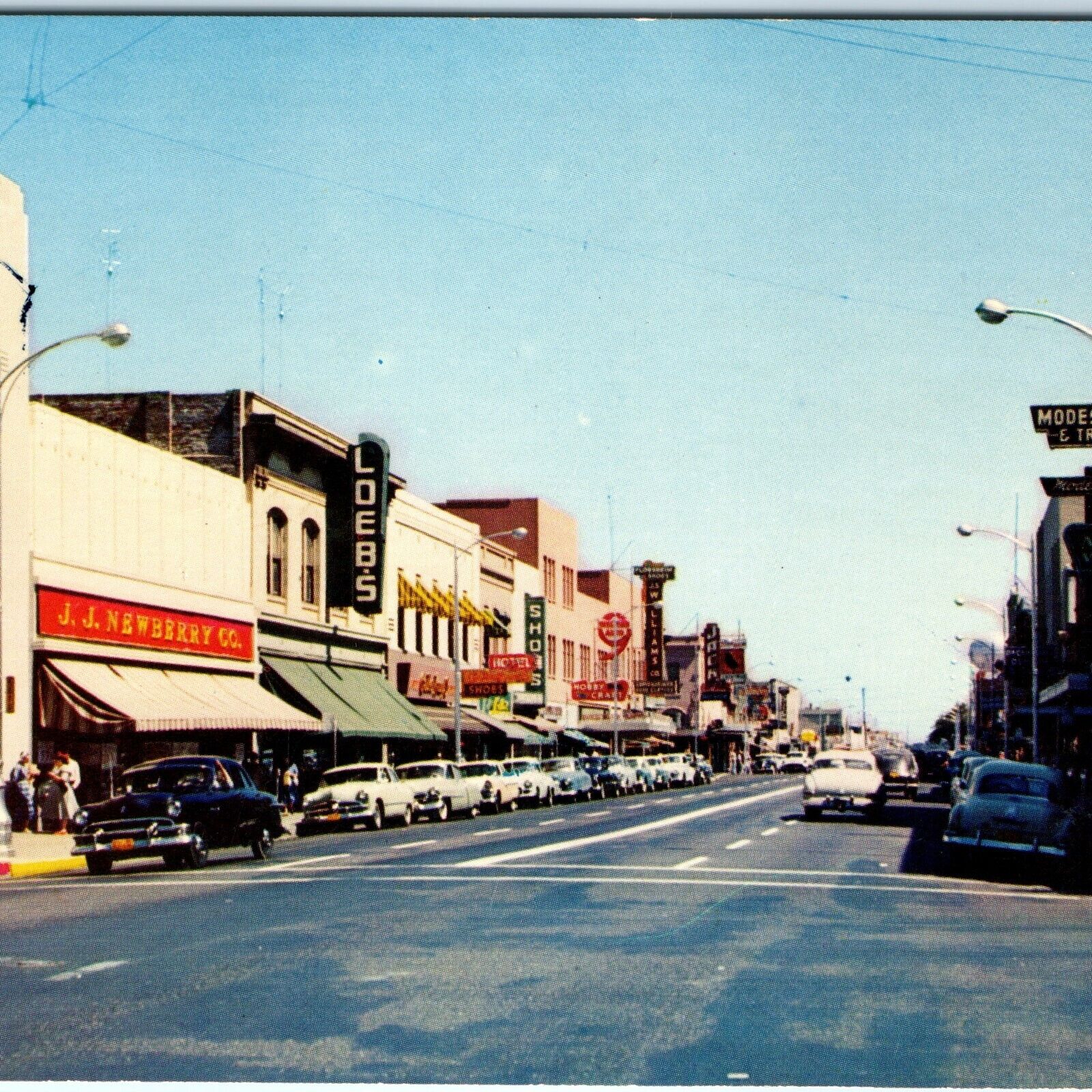 c1950s Modesto, CA Downtown Main St Chrome Photo Postcard Stores San Joaquin A89