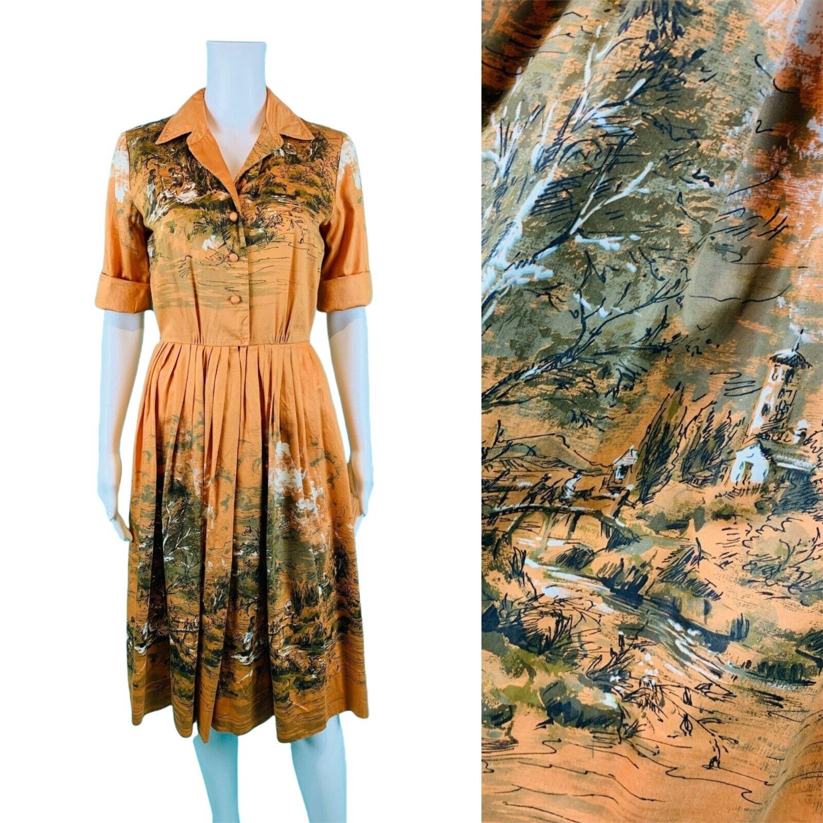 Vintage 1950s Novelty Print Dress Scenic Romantic Orange Shirtdress W 25\