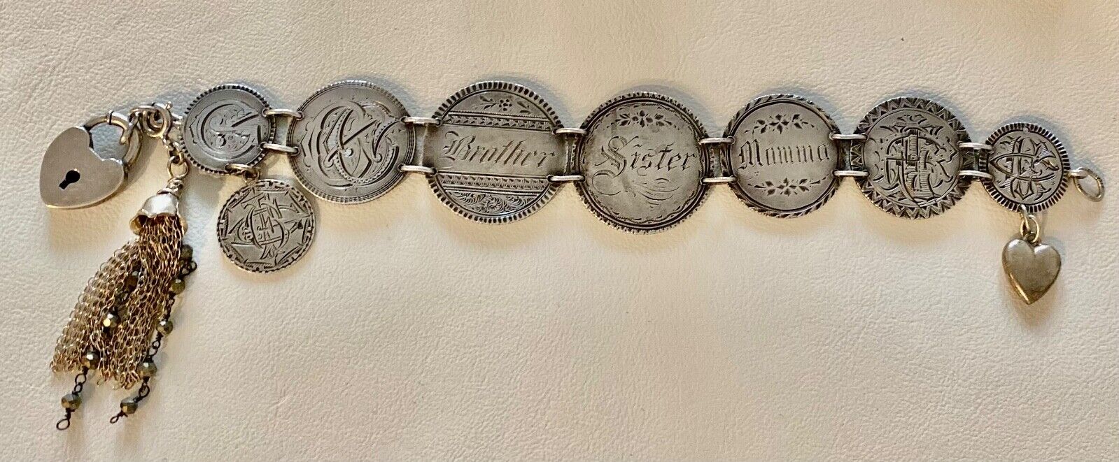 c1800’s Antique Victorian Silver LOVE Token COIN Charm Bracelet Heart Lock