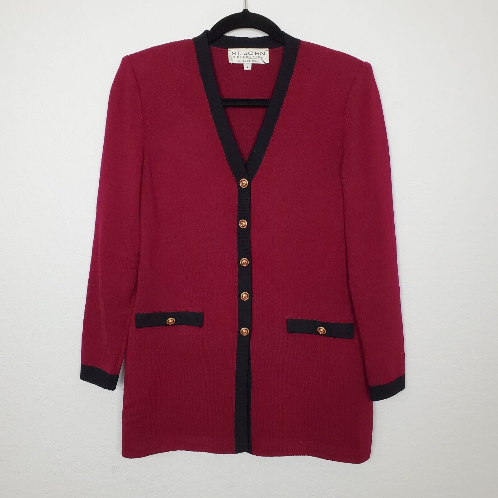 St. John Collection Womens Long Line Jacket Size 2 Santana Knit Gold Button