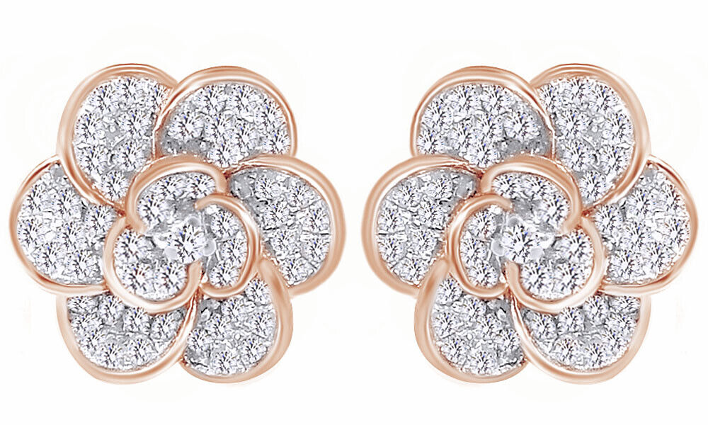 0.75 Ct Round Simulated Diamond 18K Rose Gold Plated 13 mm Flower Shape Earrings