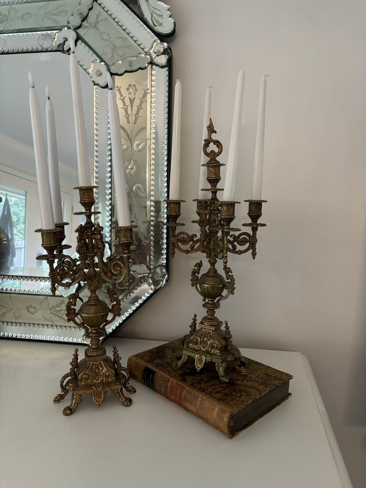 Pair Brass French Rococo Antique Candelabras