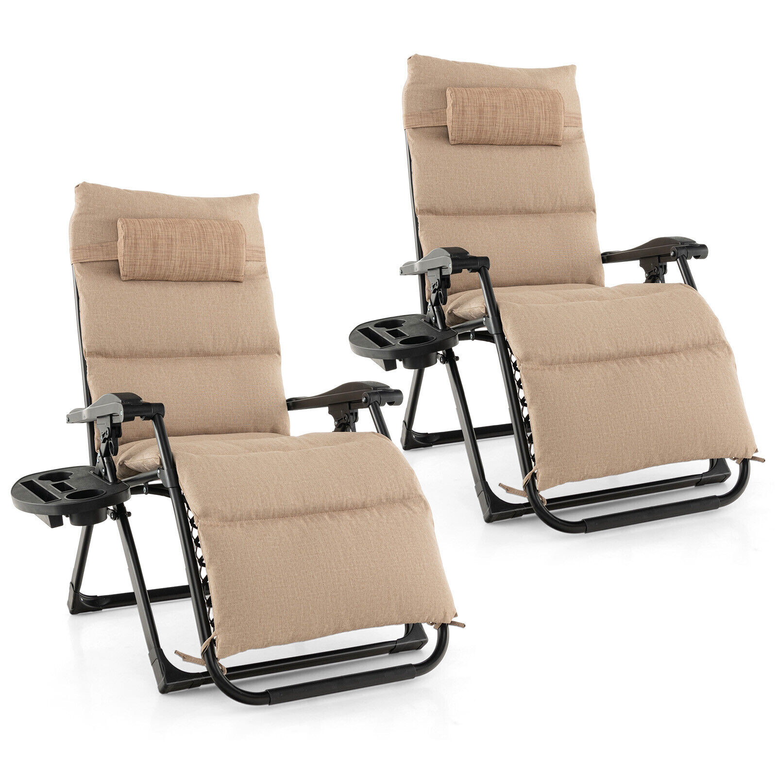 2PCS Patio Zero Gravity Lounge Chair Cushion Tray Folding Outdoor Recliner Beige