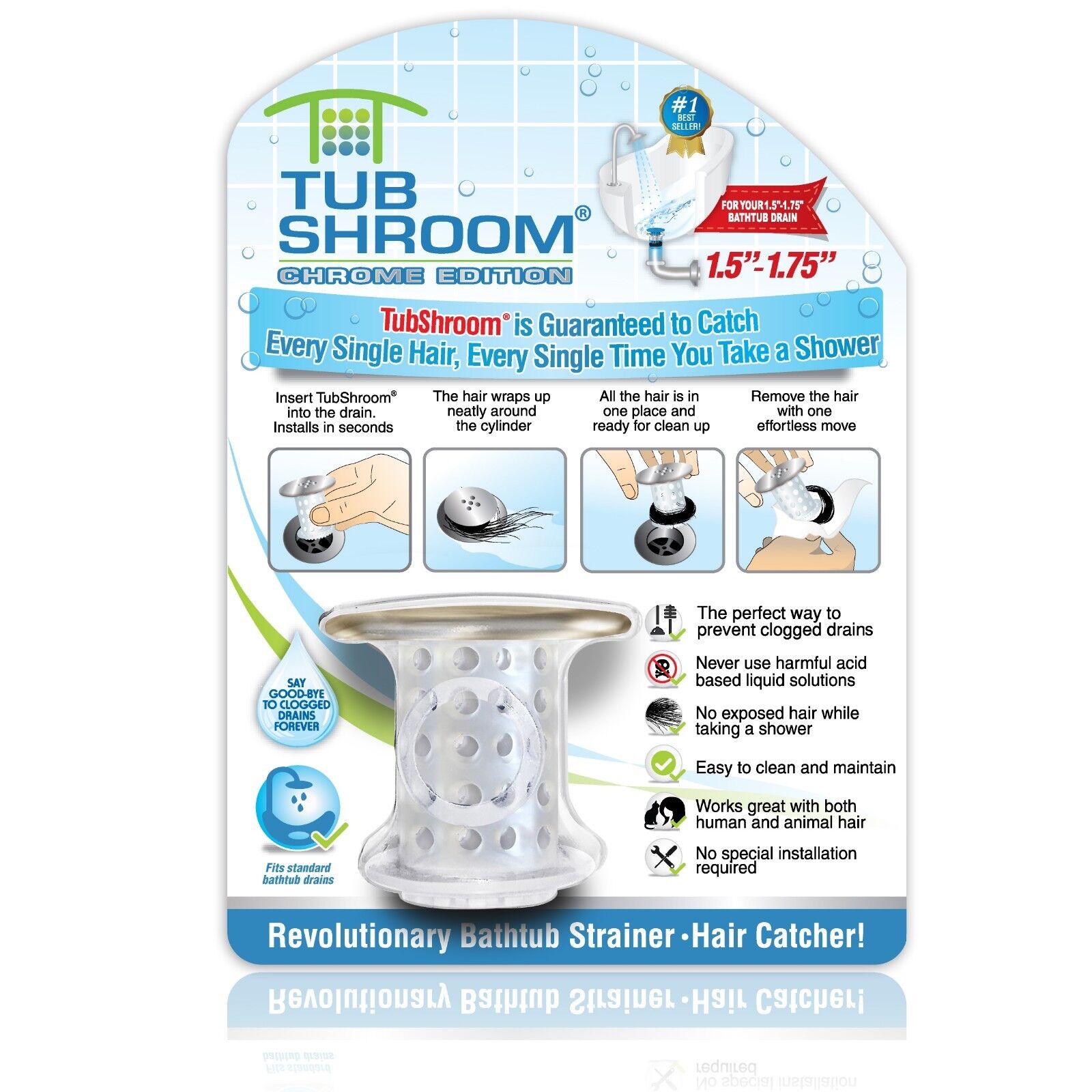 TubShroom® Chrome Revolutionary Tub Drain Protector Hair Catcher Strainer Snare