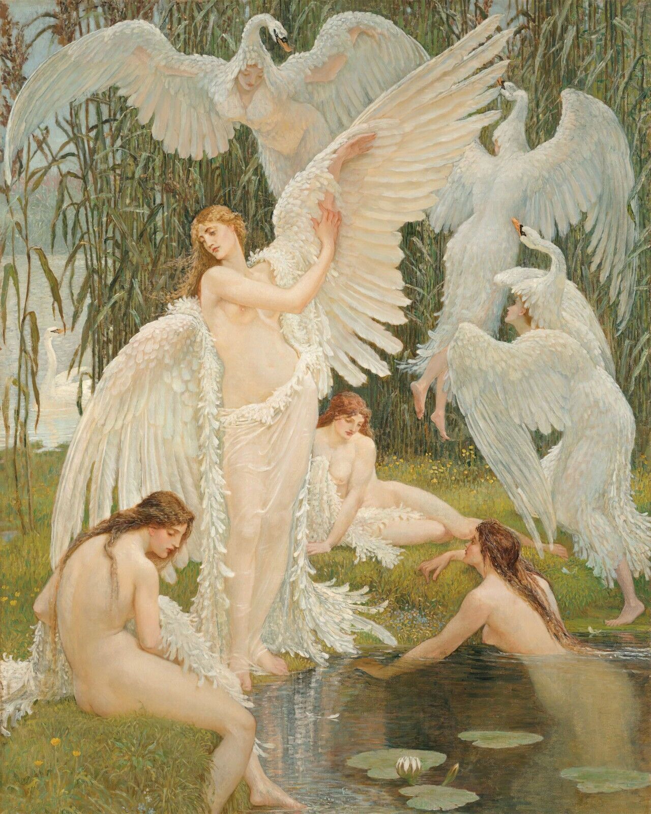 The Swan Maidens Vintage Mythology Painting Giclee Print on Fine Art Paper
