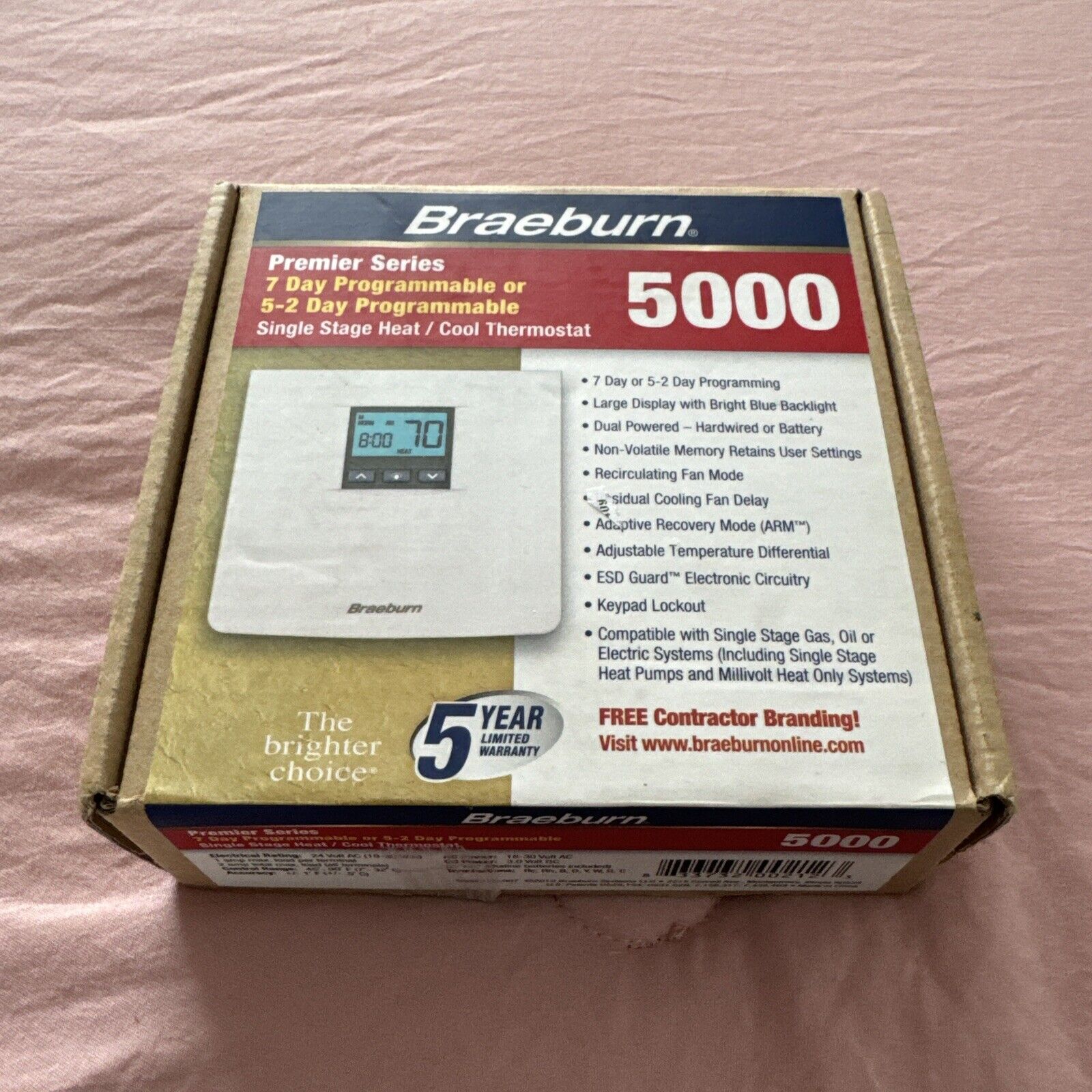 Braeburn 5000 5-2 Day Programmable Single Stage Heat/Cool Thermostat Open Box