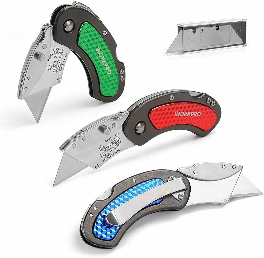 WORKPRO 3PC Folding Utility Knife Set Quick Change/Back-lock w/10PC Extra Blades