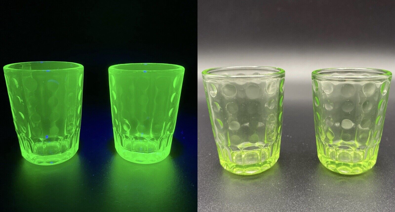Vintage Uranium Depression Glass Shot Glass Optic Raindrop Dimpled 1 Oz Set