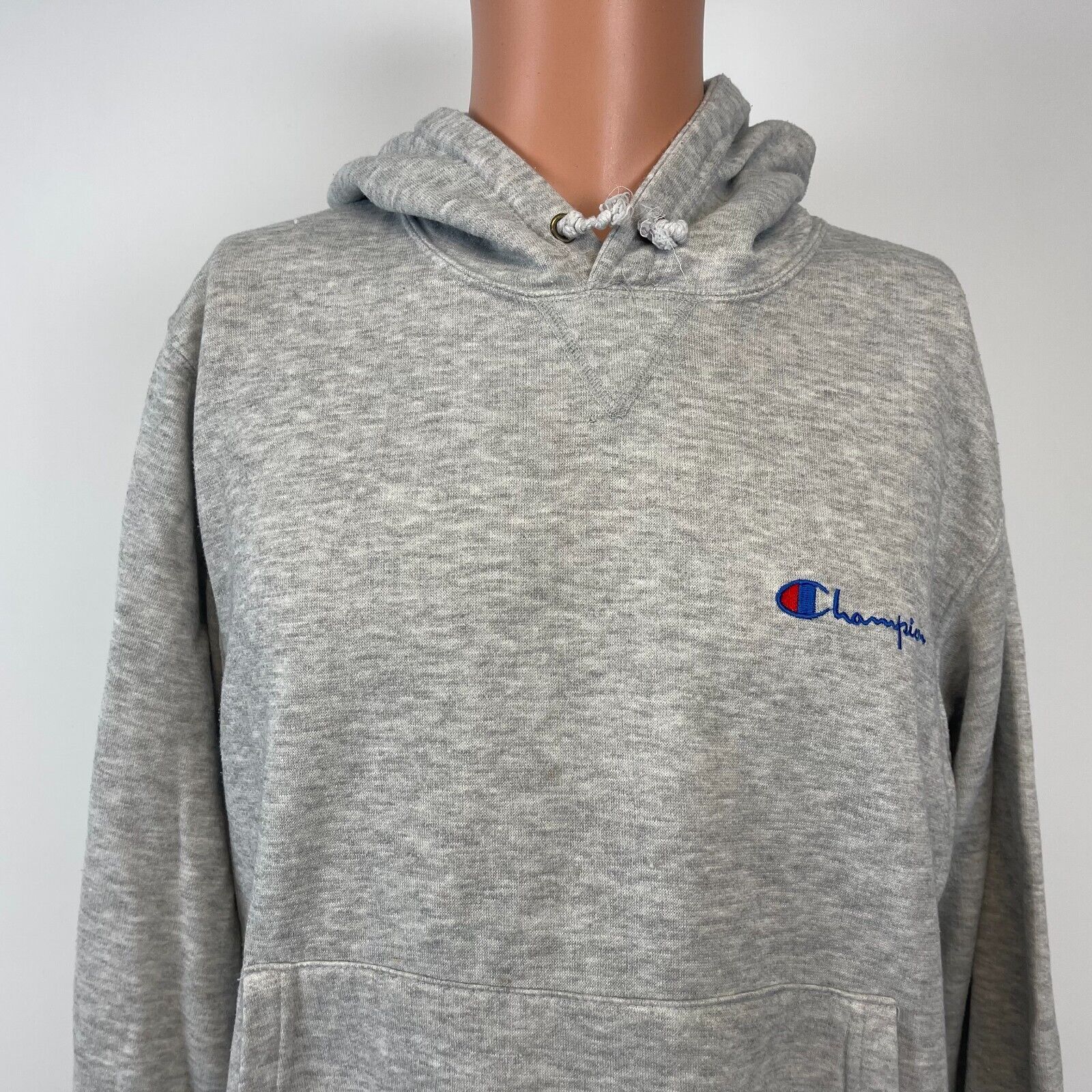 Champion Embroidered Script Logo Hoodie Sweatshirt Vtg 90s Grey Size L