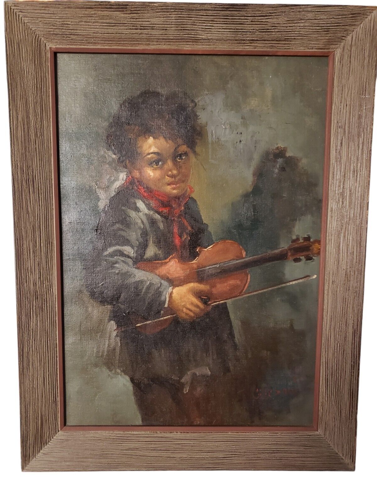 Vintage Antique Painting Large Oil On Canvas Child Playing Guitar Signed Framed