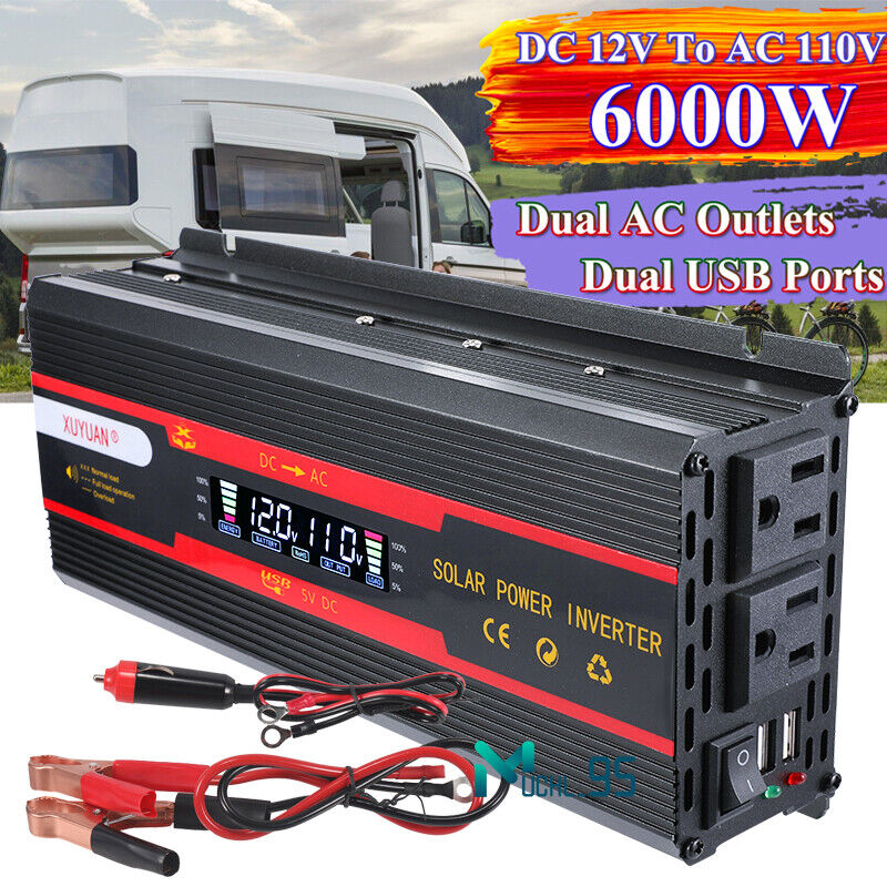 6000W Vehicle Car Power Inverter Watt DC 12V to AC 110V Pure Sine Wave Converter