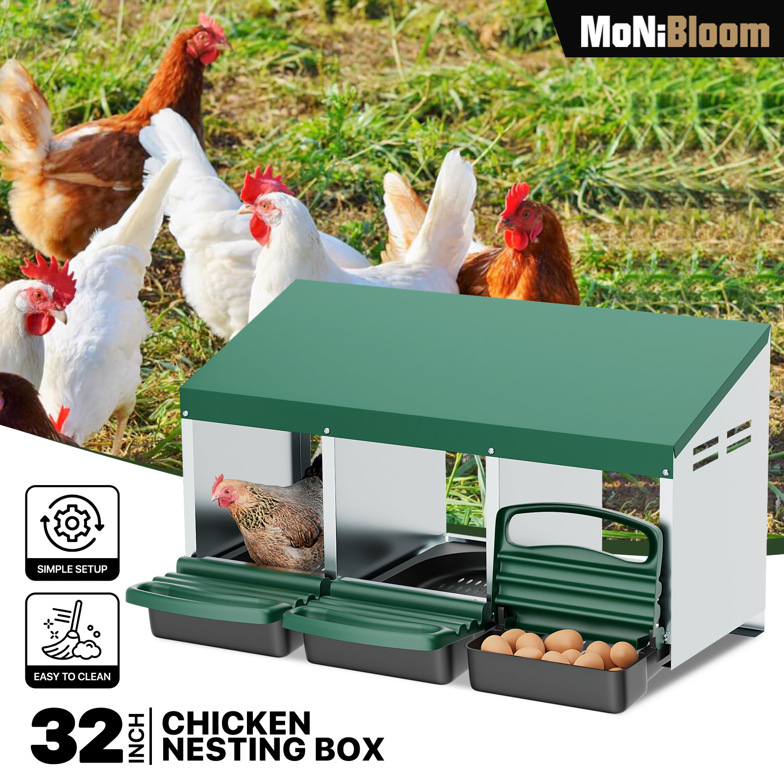3 Holes Chicken Nesting Box Poultry Perch Brooding Box Eggs Automatic Collection