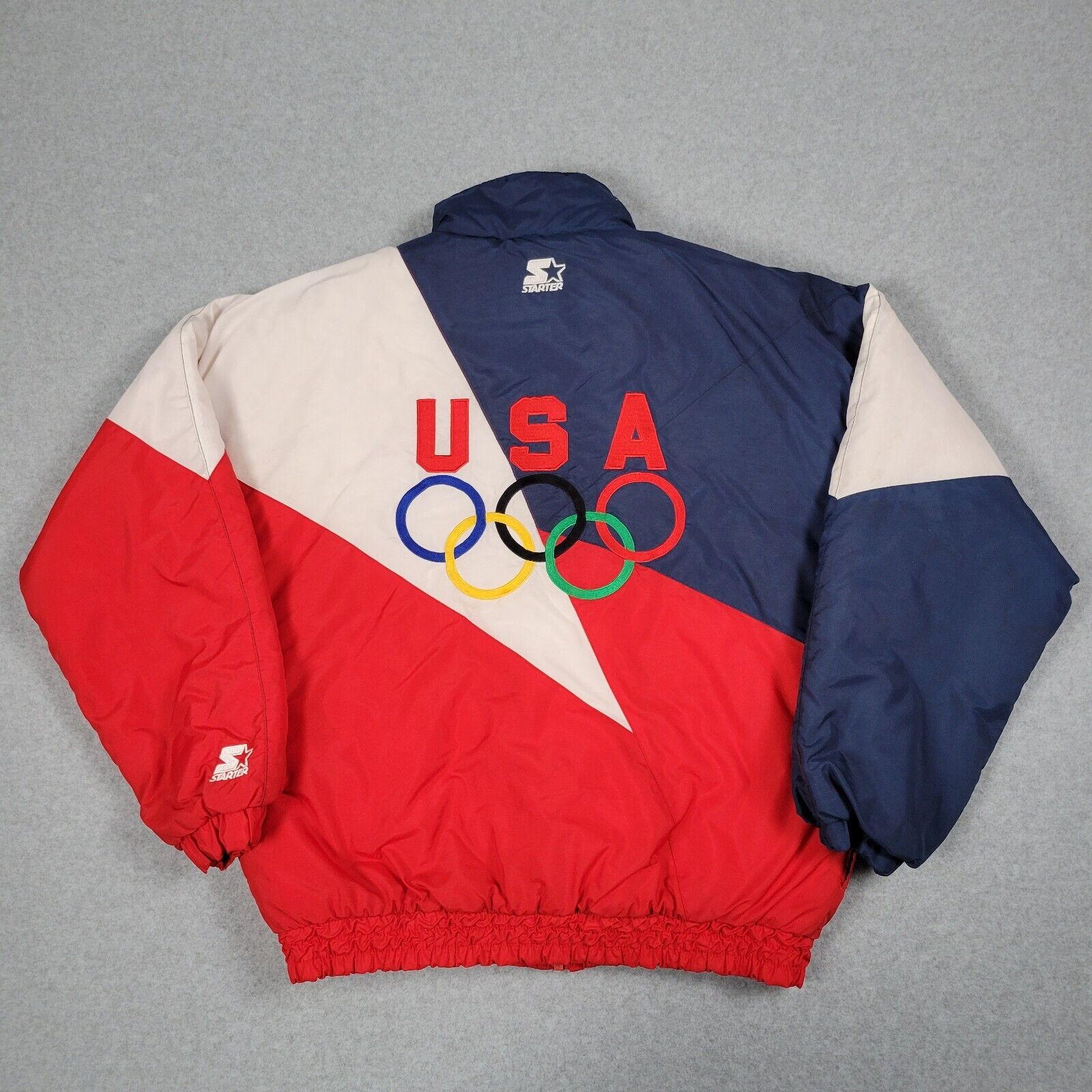 Vintage Starter US Olympic Team Jacket Mens Large Colorblock Embroidered Rings