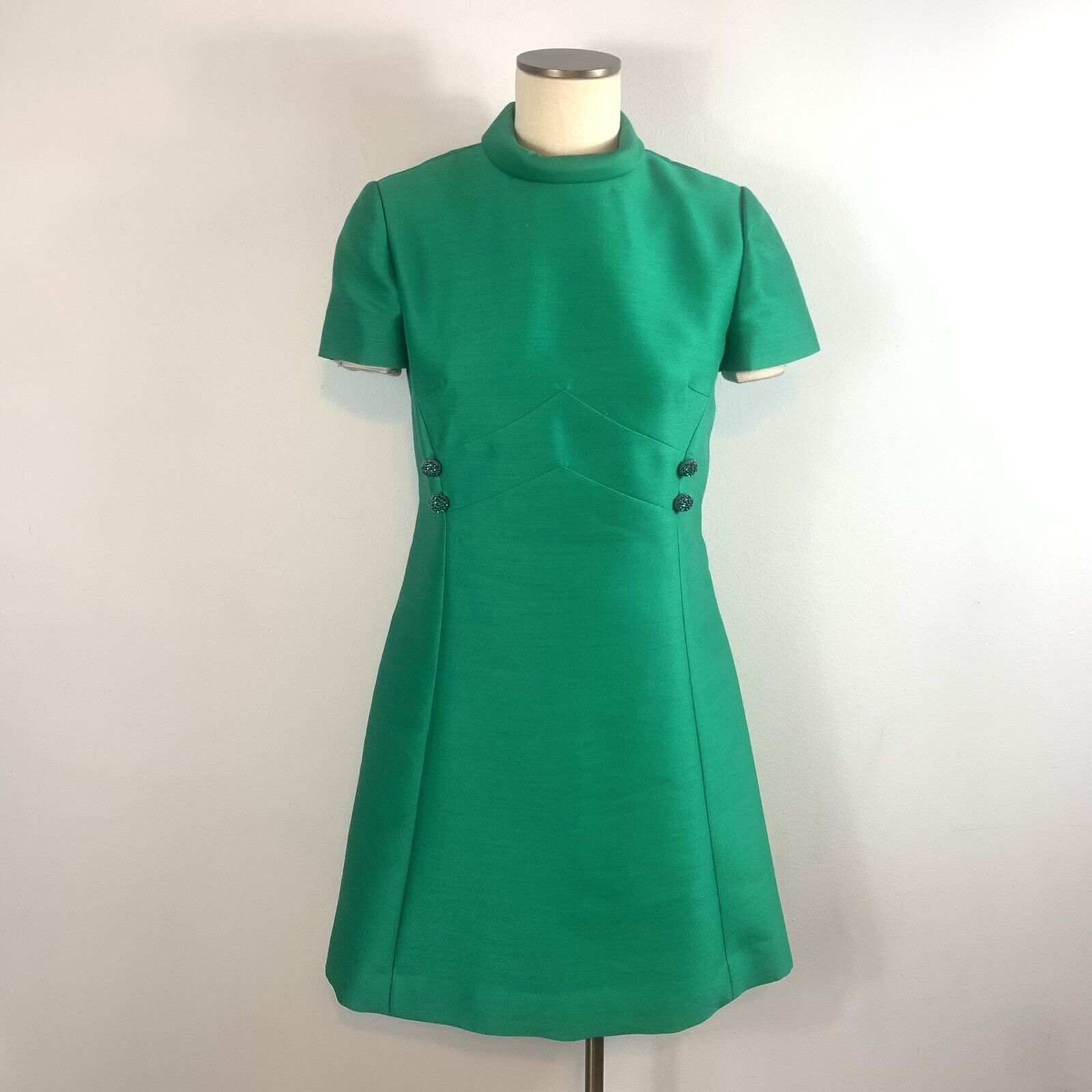 Vintage 70’s Rona Emerald Green Rhinestones Cocktail Dress Wool Silk Blend