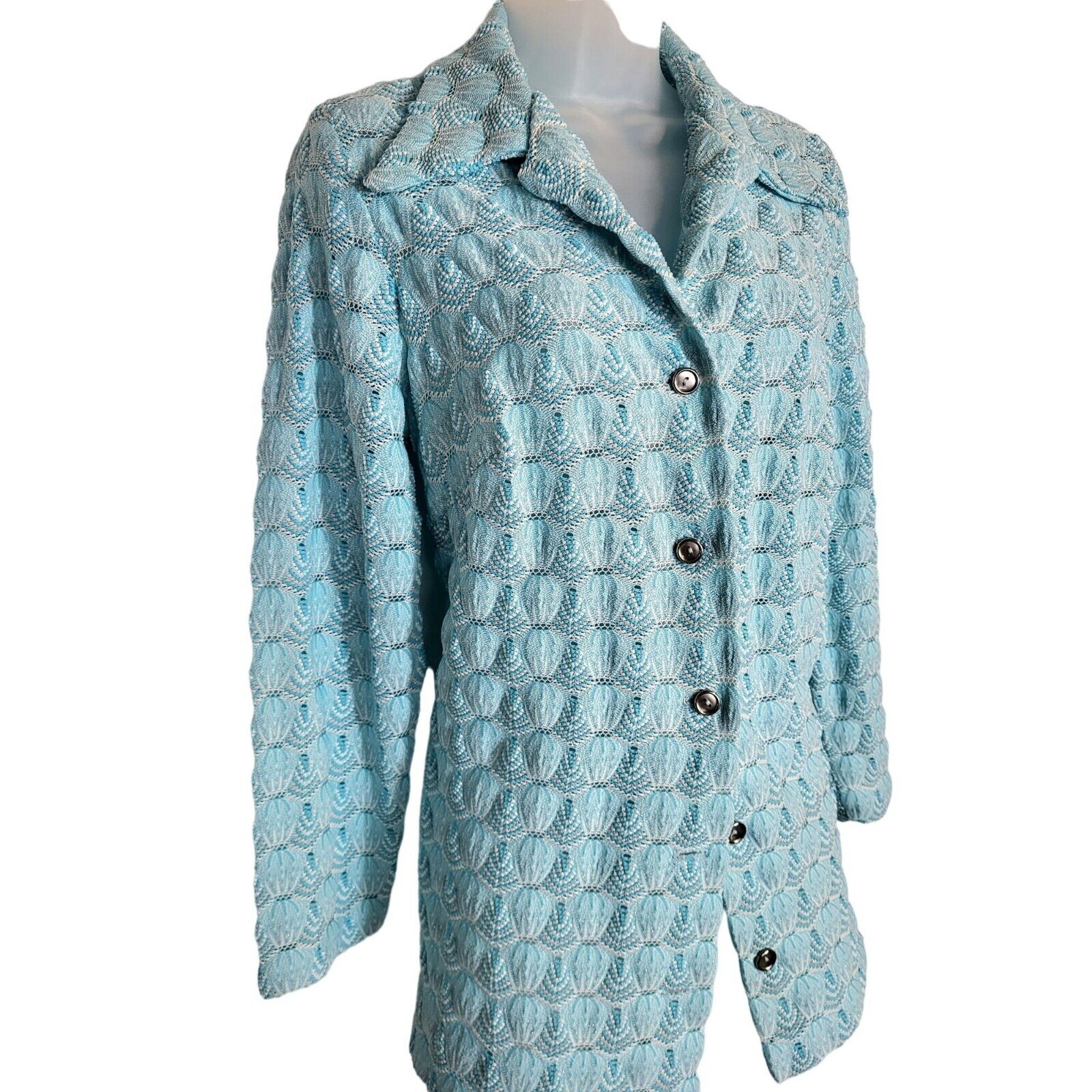 Vintage Womens 70s Sears Fashions Blue Seashell Glitter Collared Cardigan S/M