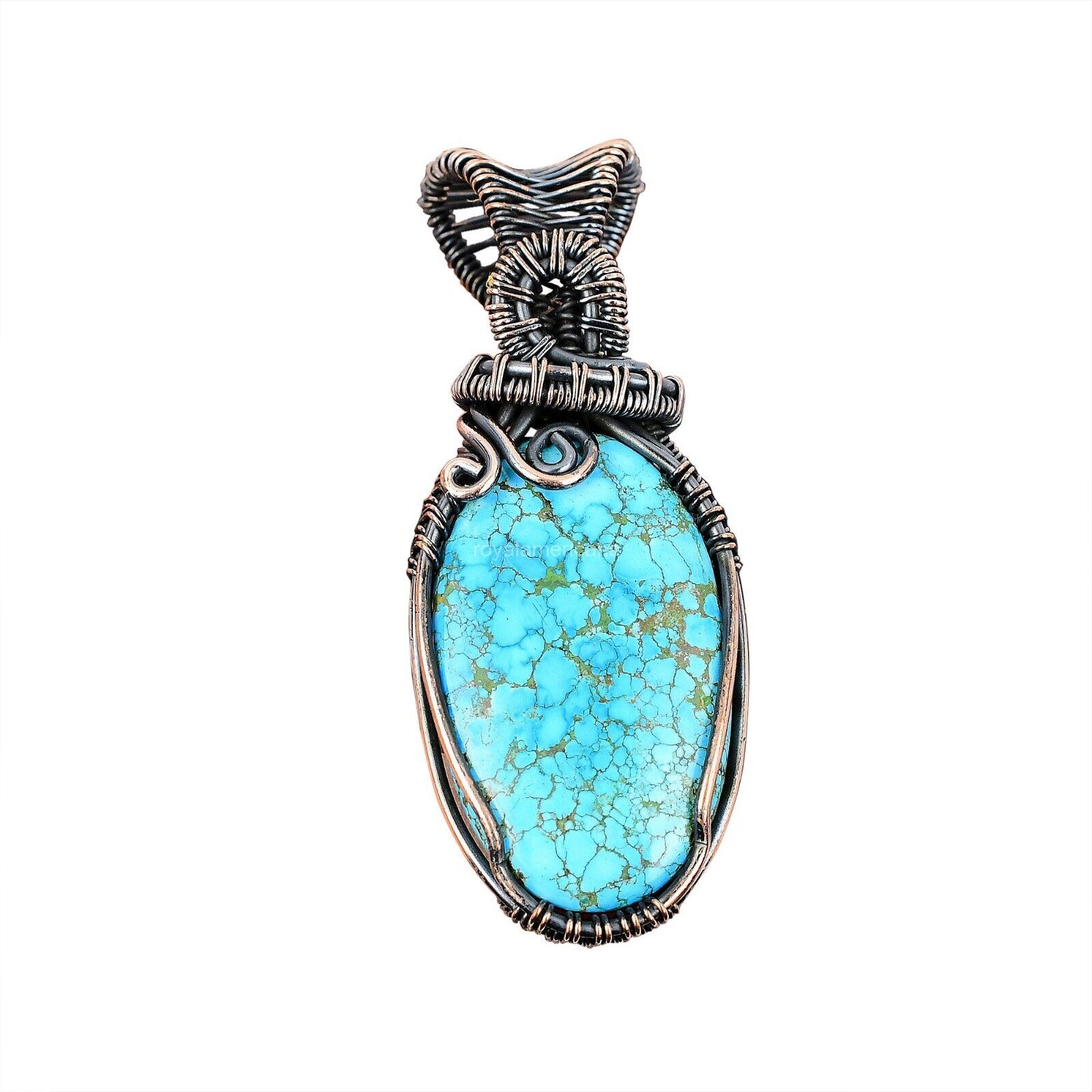 Tibetan Turquoise Wire Wrapped Pendant Handcrafted Copper Unique Jewelry 2.56\