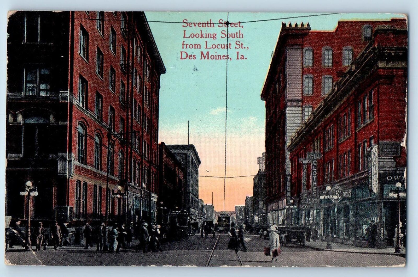Des Moines Iowa IA Postcard Seventh Street Looking South From Locust Street 1914