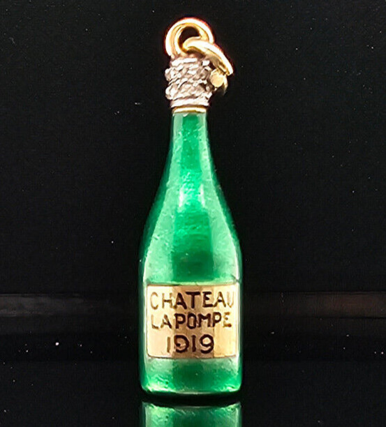 Antique 18K Gold French CHATEAU LA POMPE Wine Bottle Charm Pendant Diamonds