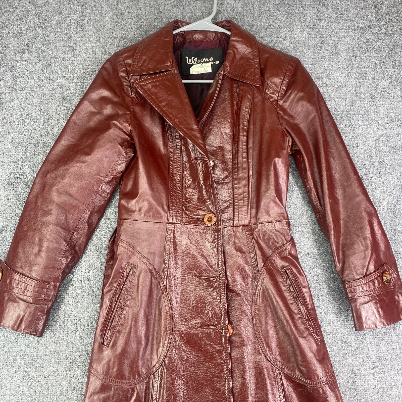 Vintage Wilsons Leather Trench Coat Womens 6 Burgundy Grandeur Style Button Down
