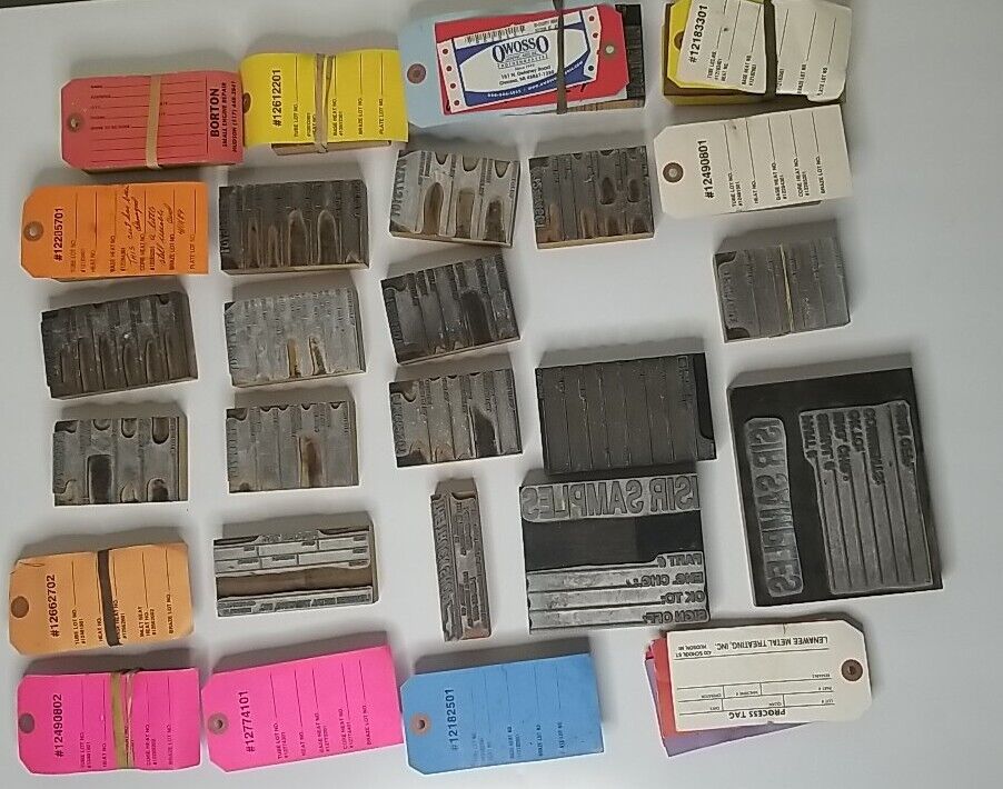 Vintage Letterpress Printing Blocks 25+ Bulk Lot Misc Parts Sample Tags Printer