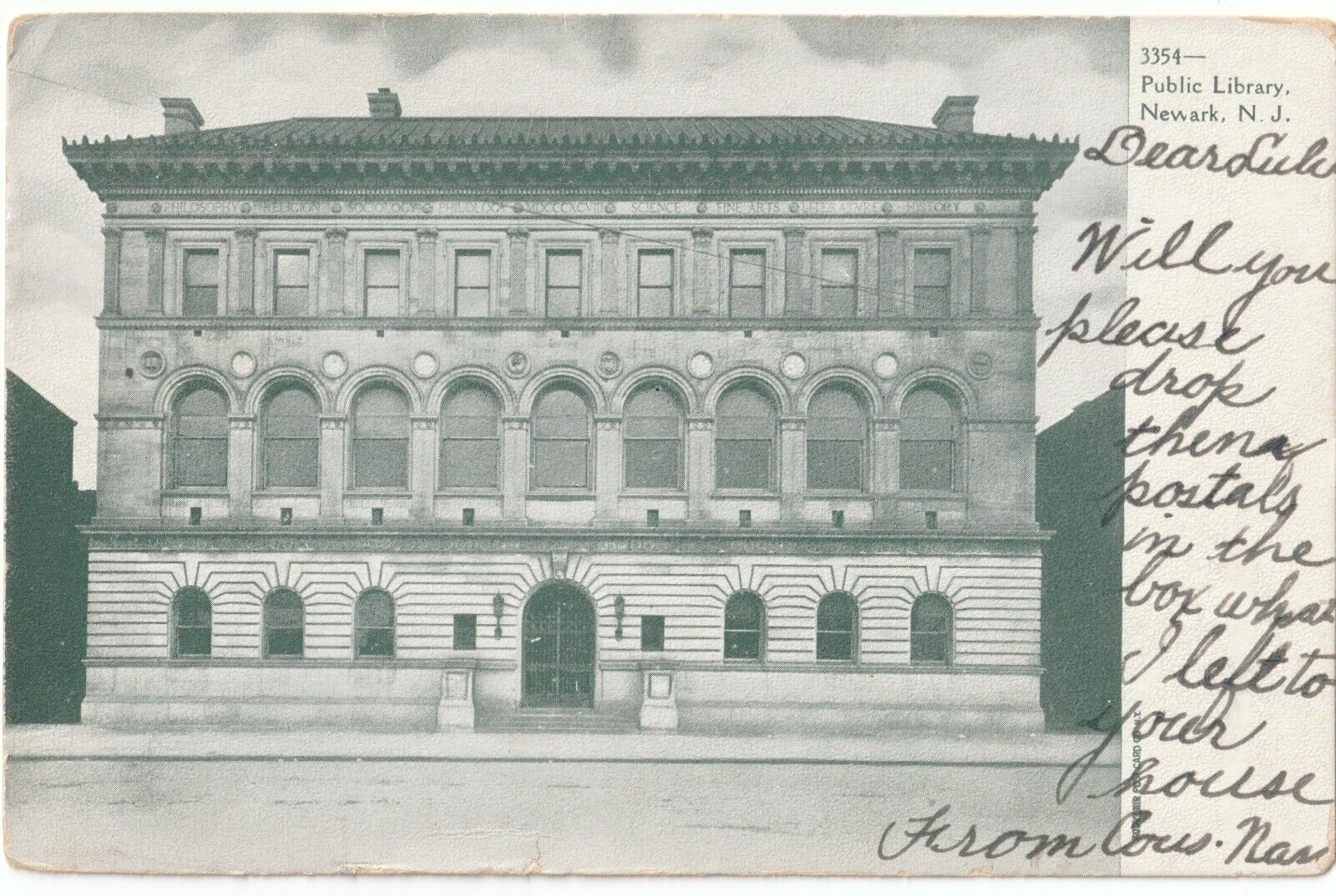 Public Library-Newark, New Jersey NJ-1906 posted antique postcard