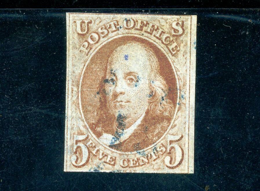 USAstamps Used VF US 1847 Franklin 1st Stamp Sct 1d With Blue Cancel