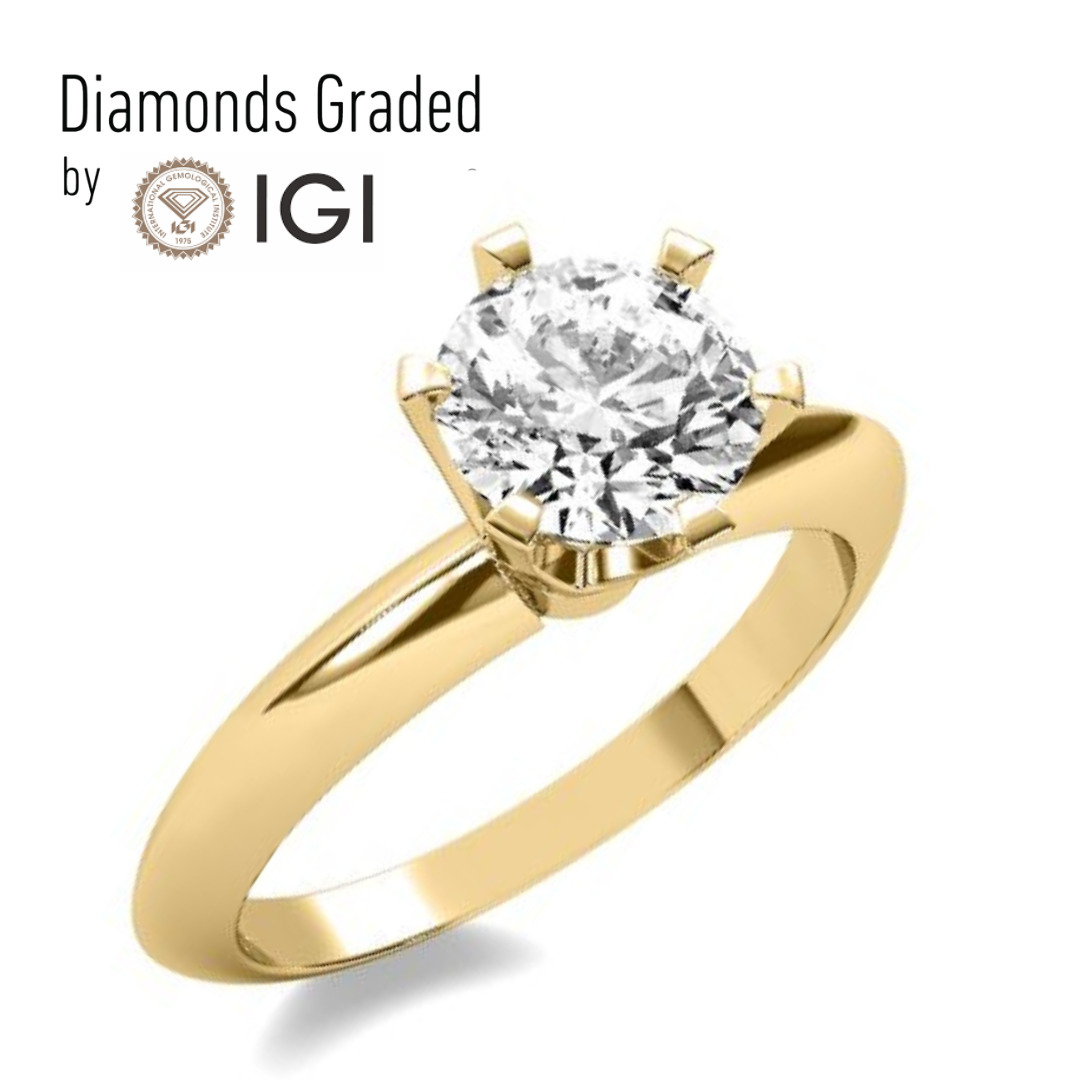 1Ct D VS1 Diamond Engagement Rings IGI Certfied Round Lab Grown 18K Yellow Gold