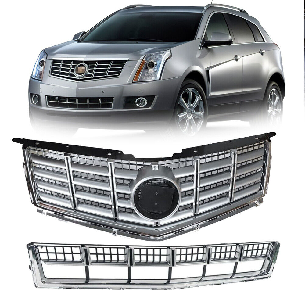 2Pcs Front Bumper Upper&Lower Grille Chrome Grill Set For 2013-2016 Cadillac SRX