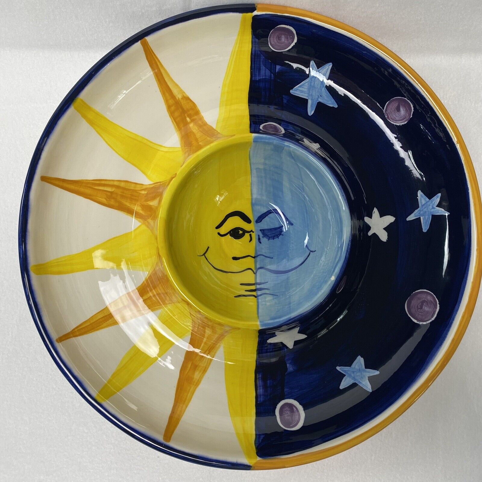 Vicki Carroll Hand Painted Dip Plate Decorative Sun & Moon Stars 90s Pottery