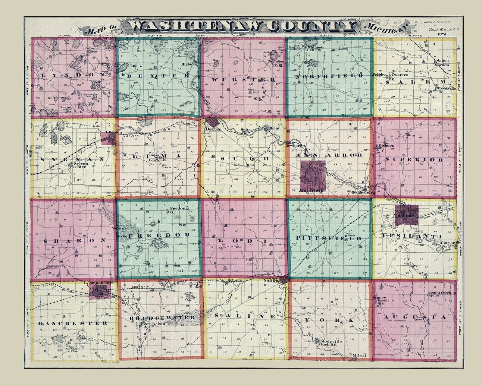 1874 Map of Washtenaw County Michigan