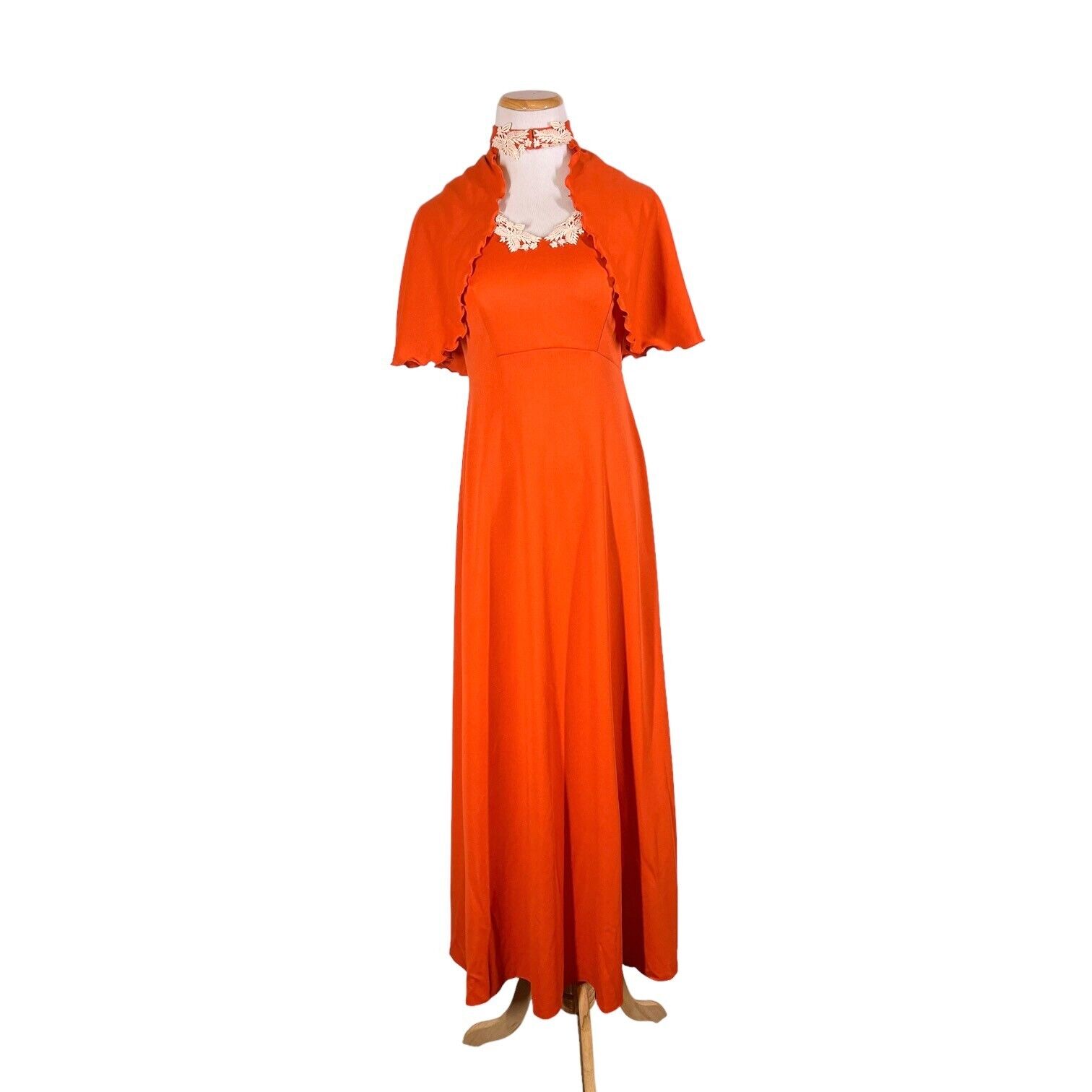 Vintage 1970s Sylvia Ann Maxi Dress Cape Set Knit Back Zip Empire Waist Orange