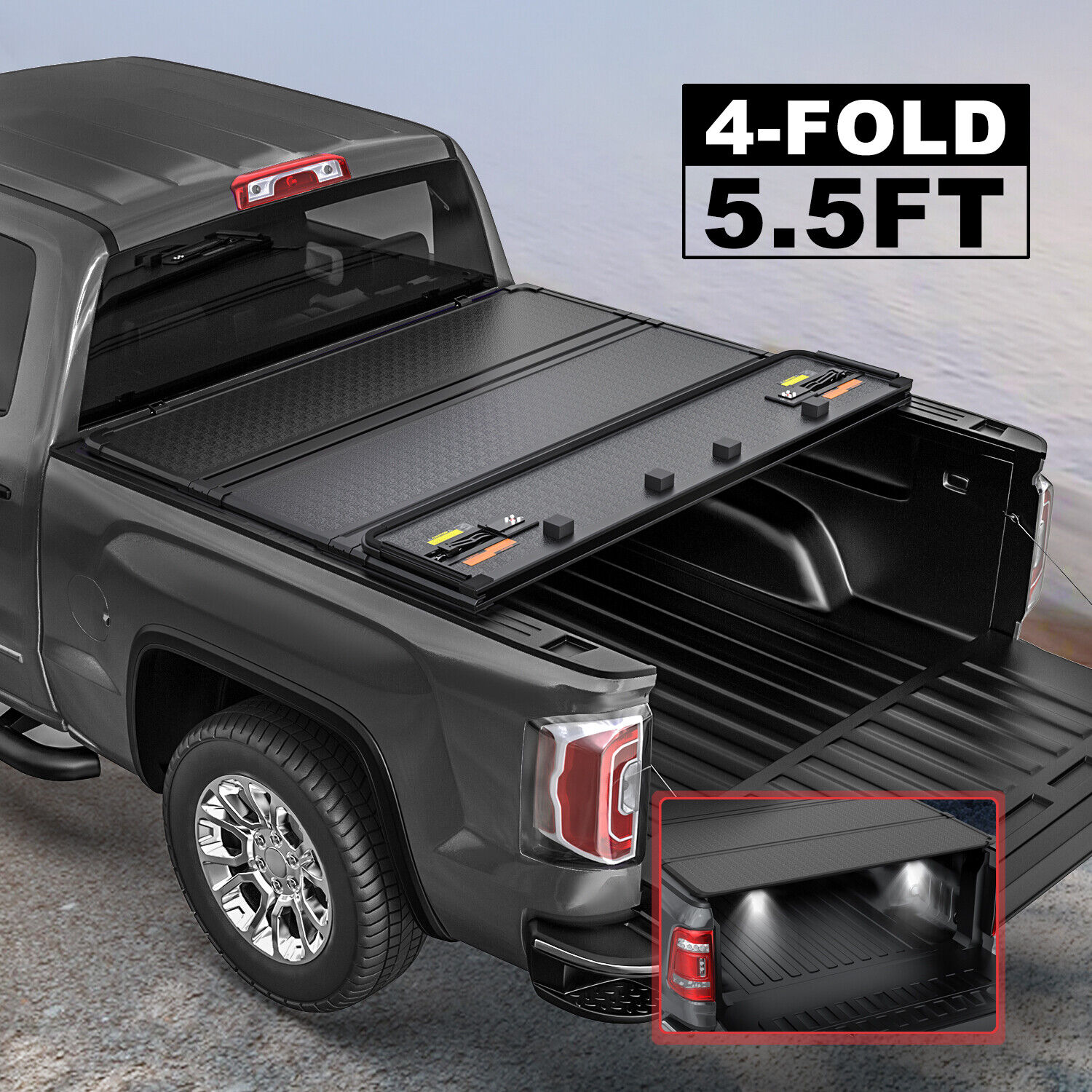 5.5FT Bed 4-Fold Hard Tonneau Cover For 2015-2024 Ford F150 Truck w/ Led Lamp