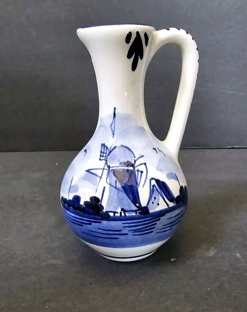 delft blue hand painted holland pitcher Windmill Signed