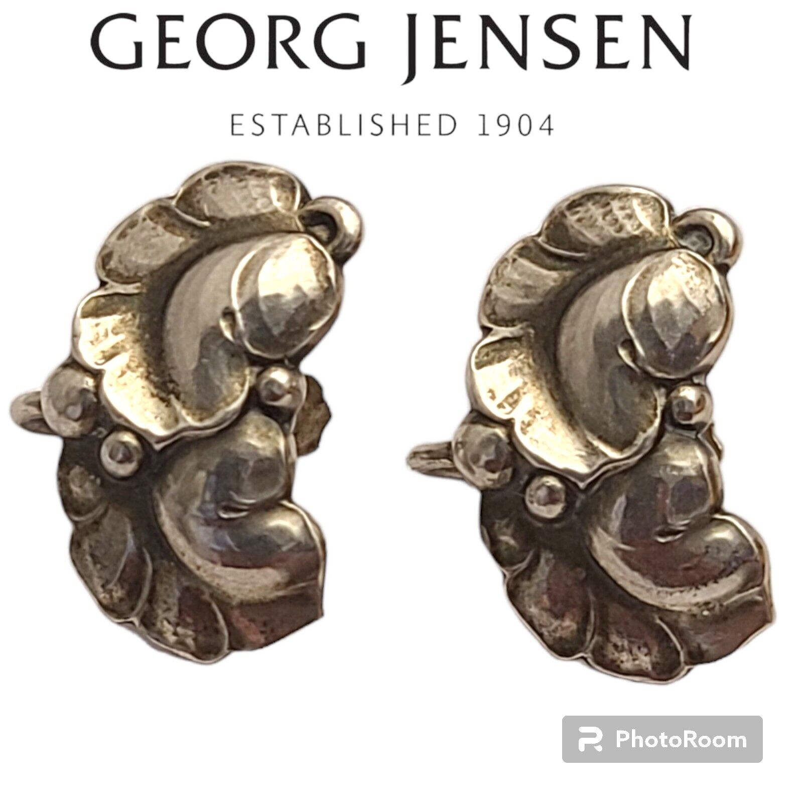 Vintage Rare Georg Jensen Screw Back Earrings Leaf &Berry Design Harald Nielsen.