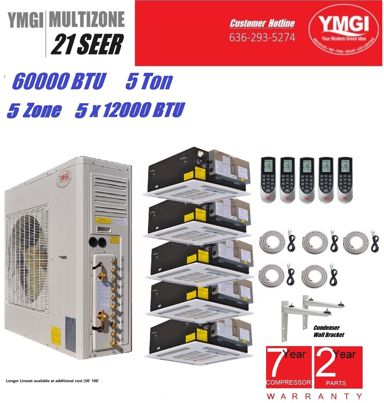 YMGI 60000 Btu 5 Zone Ductless Mini Split Air Conditioner Heat pump 220V LB342