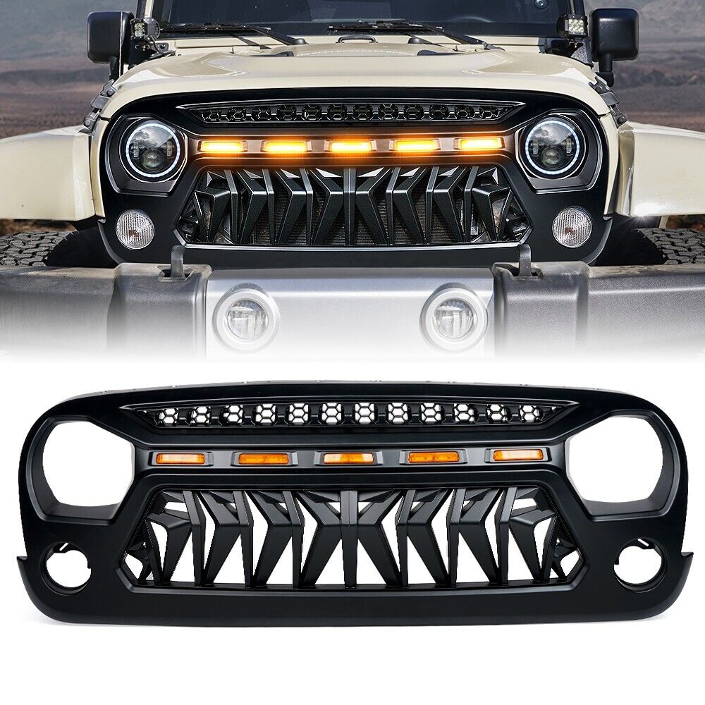 Xprite Black Front Grille w/ Amber LED Running Lights for 07-18 Jeep Wrangler JK