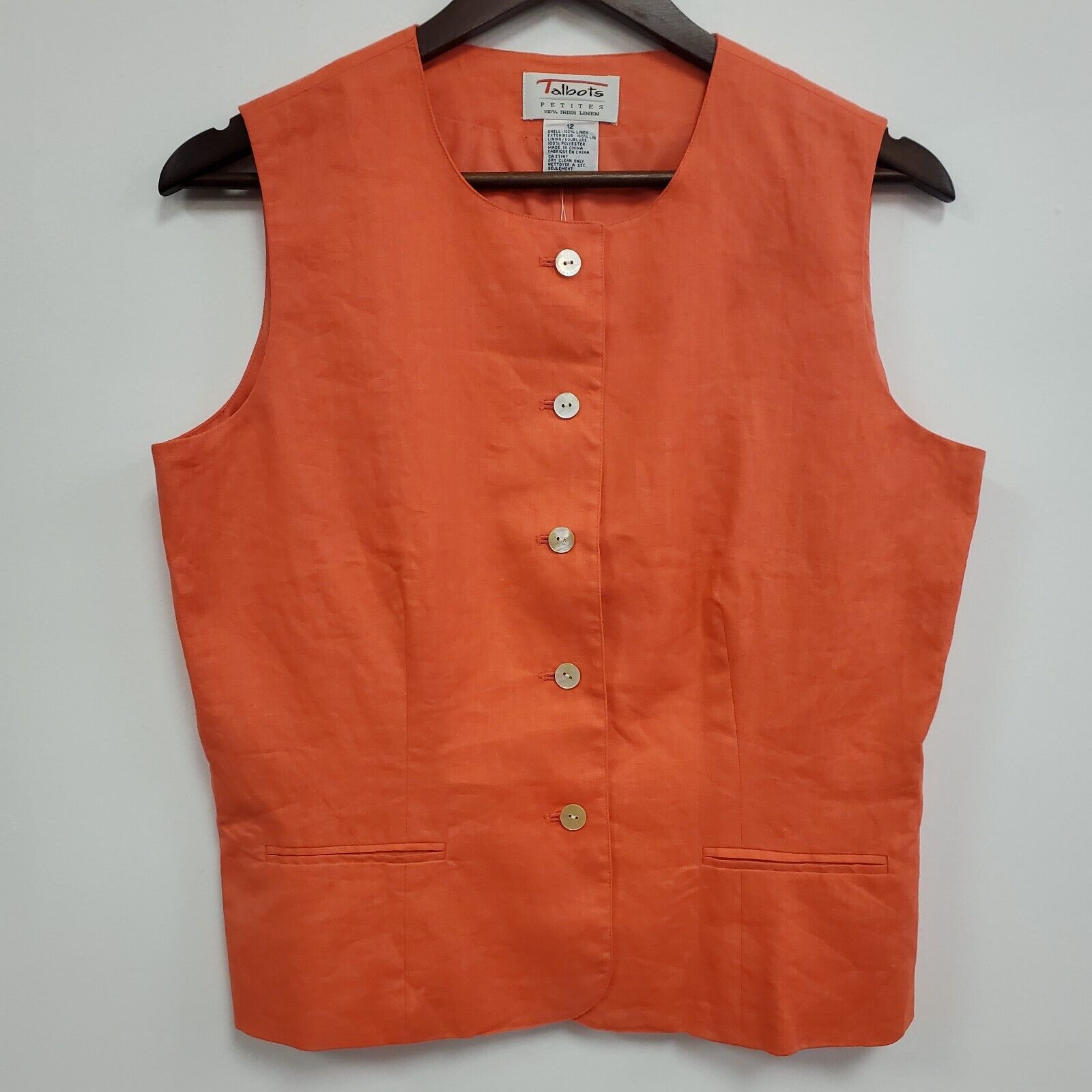 Vintage Talbots Womens Irish Linen Button Up Vest Size 12 Petite Orange NWT