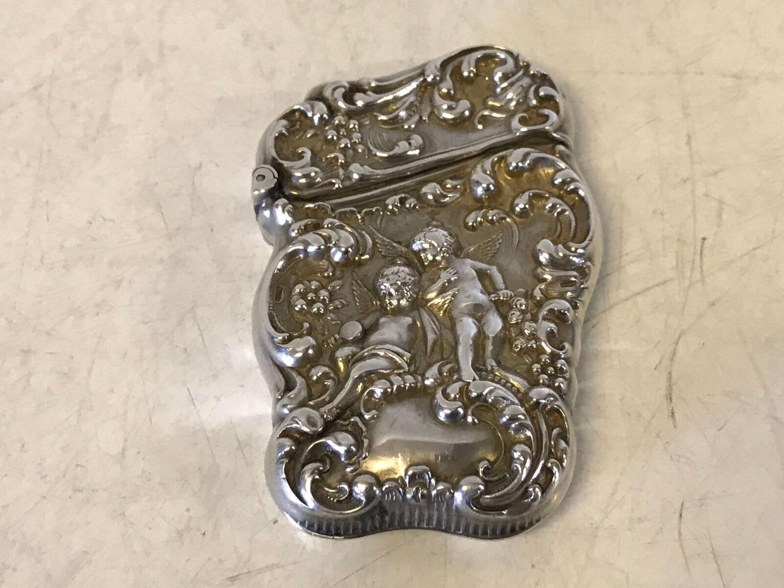 Antique Unger Brothers Sterling Silver Match Safe Repousse Cherubs Putti Dec.