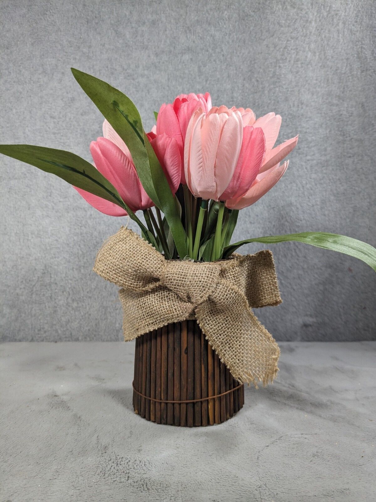 Pink Potted Faux Tulips with Circular Wooden Vase Tabletop Decor