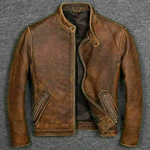 Men's Biker Cafe Racer Vintage Motorcycle Distressed Tan Brown Leather Jacket
