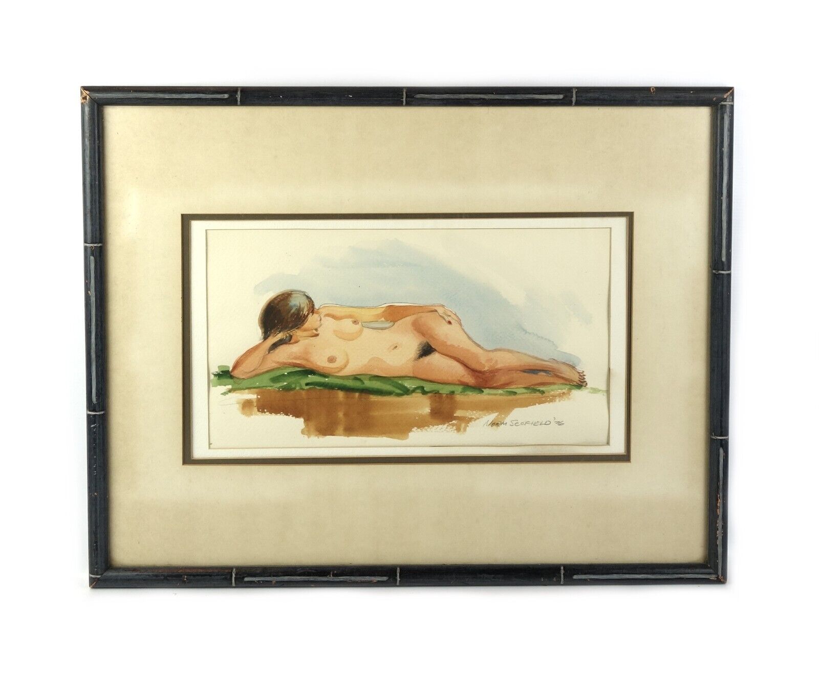 Vintage Mid Century Modern Watercolor Painting of Nude Woman Signed