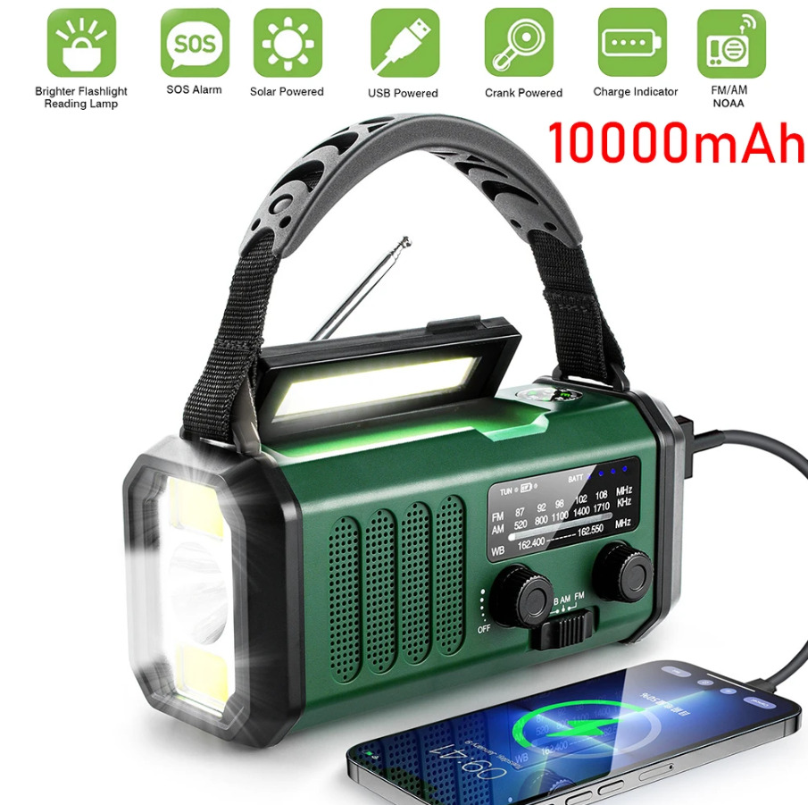 10000mah Emergency Solar Hand Crank Weather Radio Power Bank Charger Flash Light